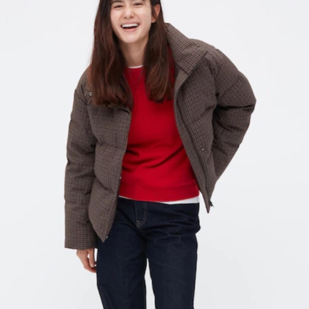 Uniqlo Women Check Patterned Down Puffer Jacket Coat Water Repellent Brown XL - Picture 10 of 13